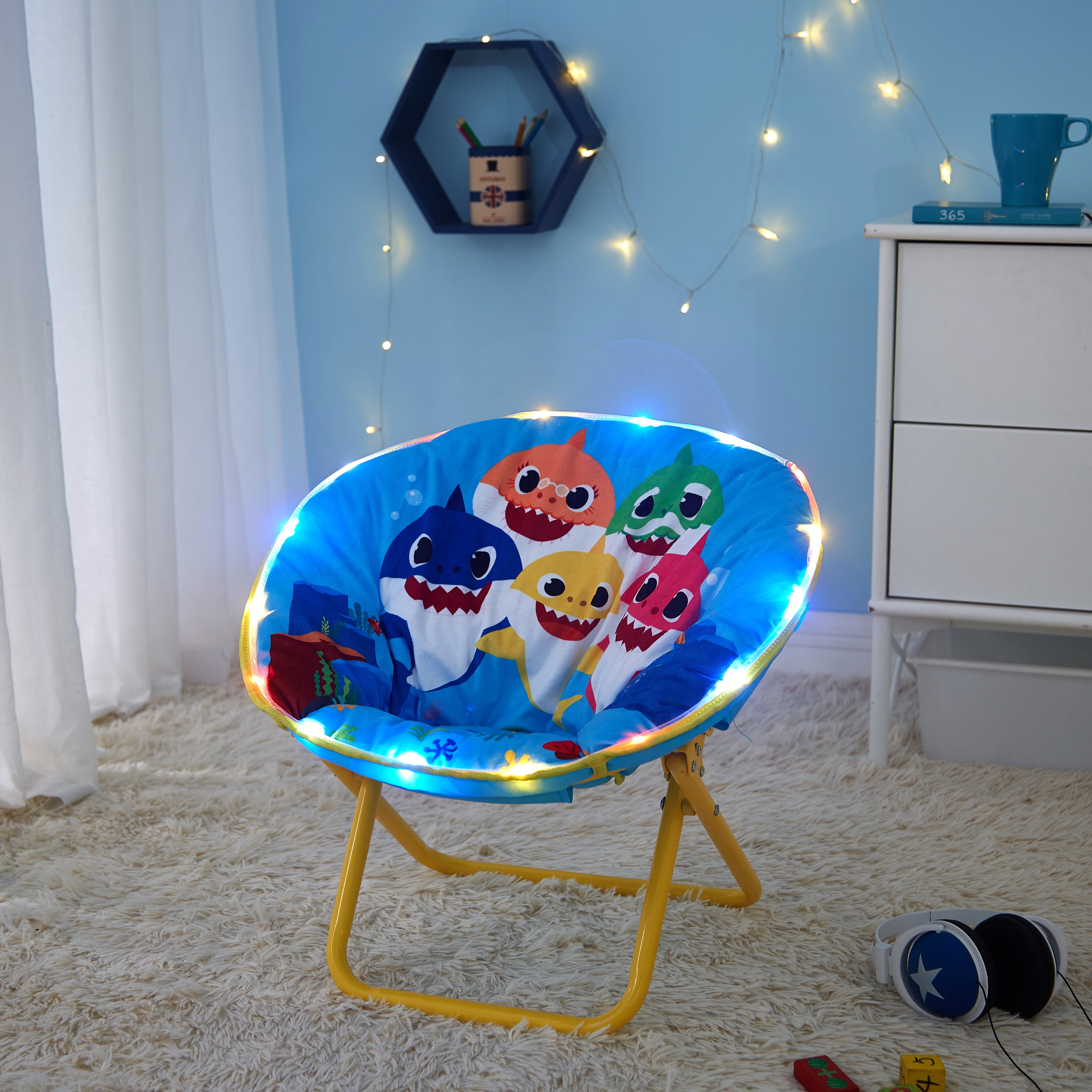 Baby Shark 19" Toddler, Polyester Saucer Chair with LED Lights