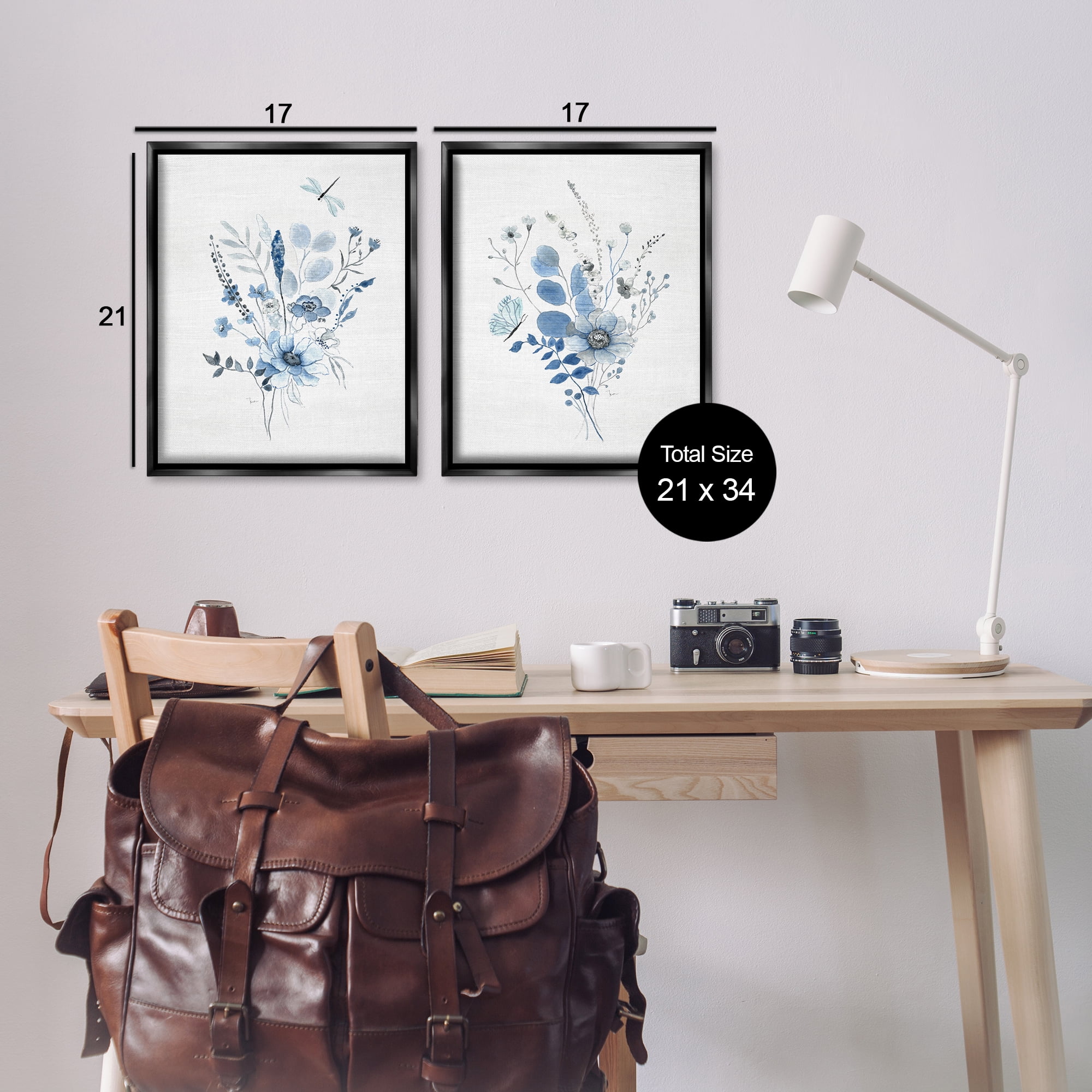 Stupell Industries Blue Dragonfly Flower Plants & Flowers Painting Black Floater Framed Canvas Art Print Wall Art, 17 x 21, Set of 2