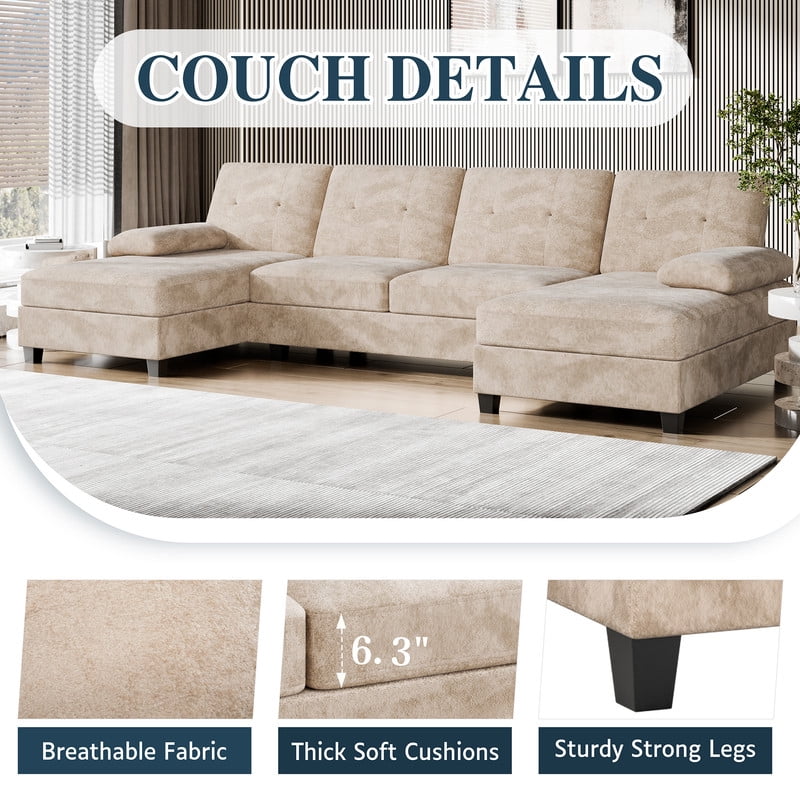 Walsunny U-Shaped Sectional Sofa Couch, 4 Seat U Shaped Oversized Clearance Sofa Set with Double Chaise for Living Room, Khaki