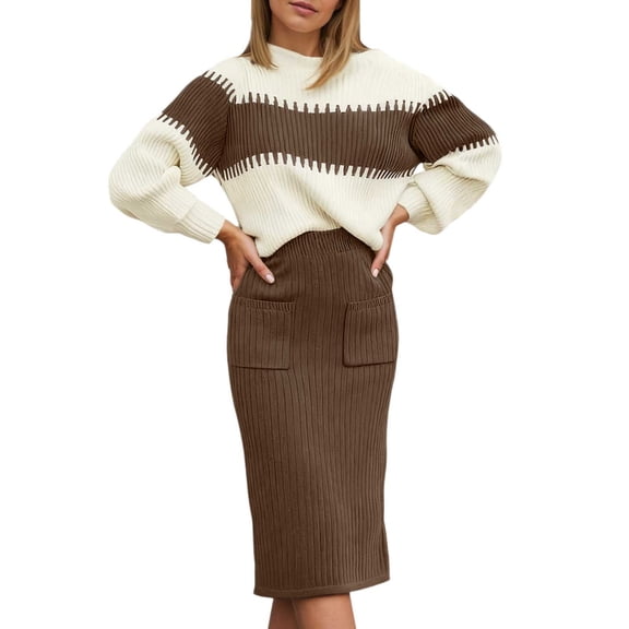 QHFBli Womens 2 Piece Sweater Skirt Sets Color Block Knit Sweater Top Bodycon Skirt Two Piece Outfits
