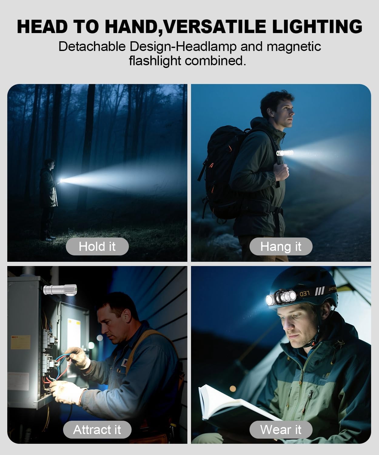 High Lumens LED Rechargeable Headlamp for Adults - Hard Hat Light Running Head Lamp with Red Light, Magnet, 180° Tilt, 7 Modes, Detachable Flashlight & Headband, Outdoor, Emergency 2PC, Silver