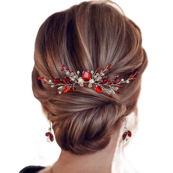 Juego de peineta y aretes de cristal para novia, accesorios elegantes para el cabello de boda para mujer, fotografía de fiesta de graduación (rojo vino)