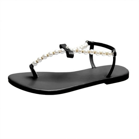 

Clearance VerPetridure Women s Sandals Summer Casual Beach Shoes Pearl Beaded Bow Flat Heel Sandals Solid Color Sandals Flip Flops