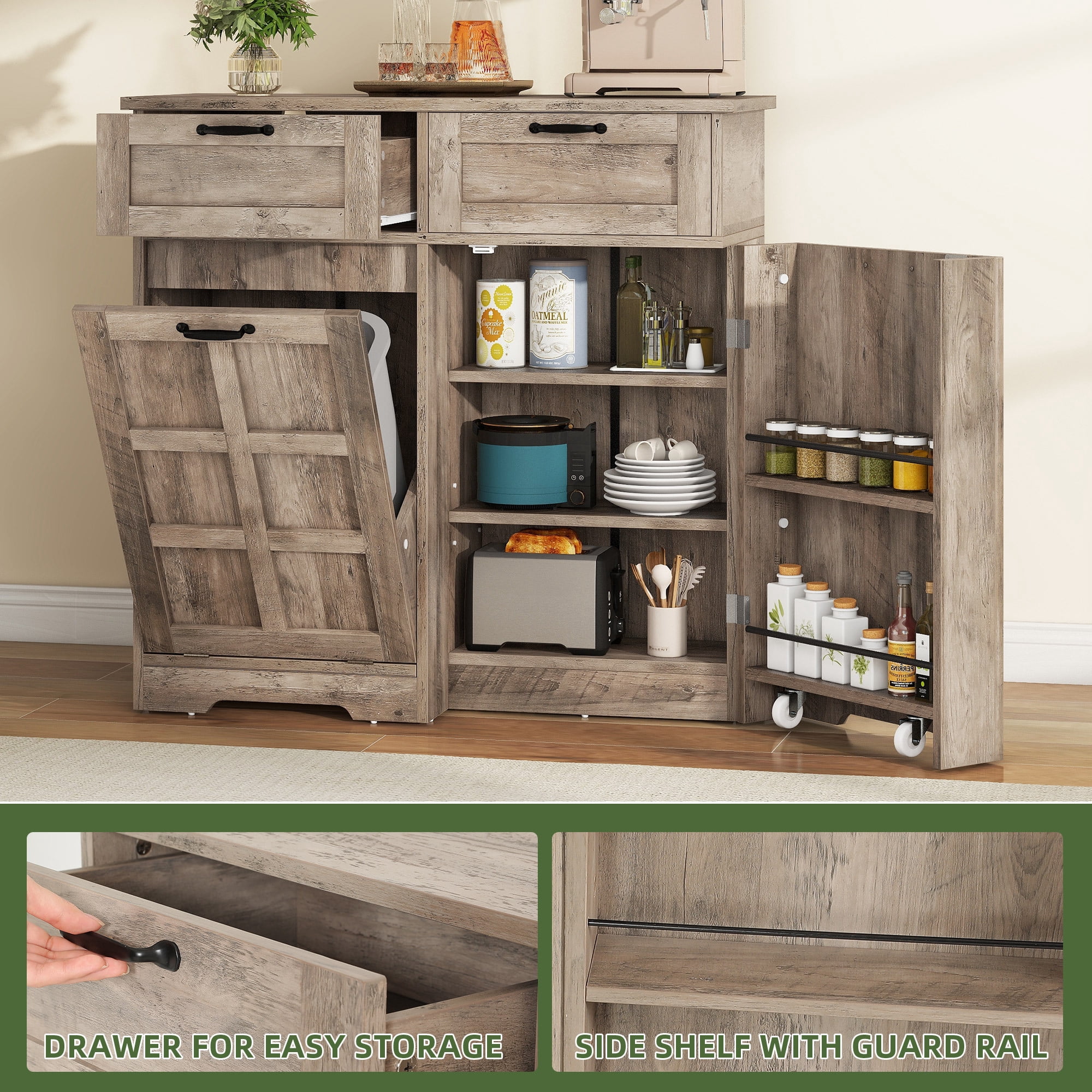 Uforic Kitchen Storage Buffet Cabinet for 10-gal Trash Bin, Tilt Out Trash Cabinet with Drawers & Shelves, Wash Gray