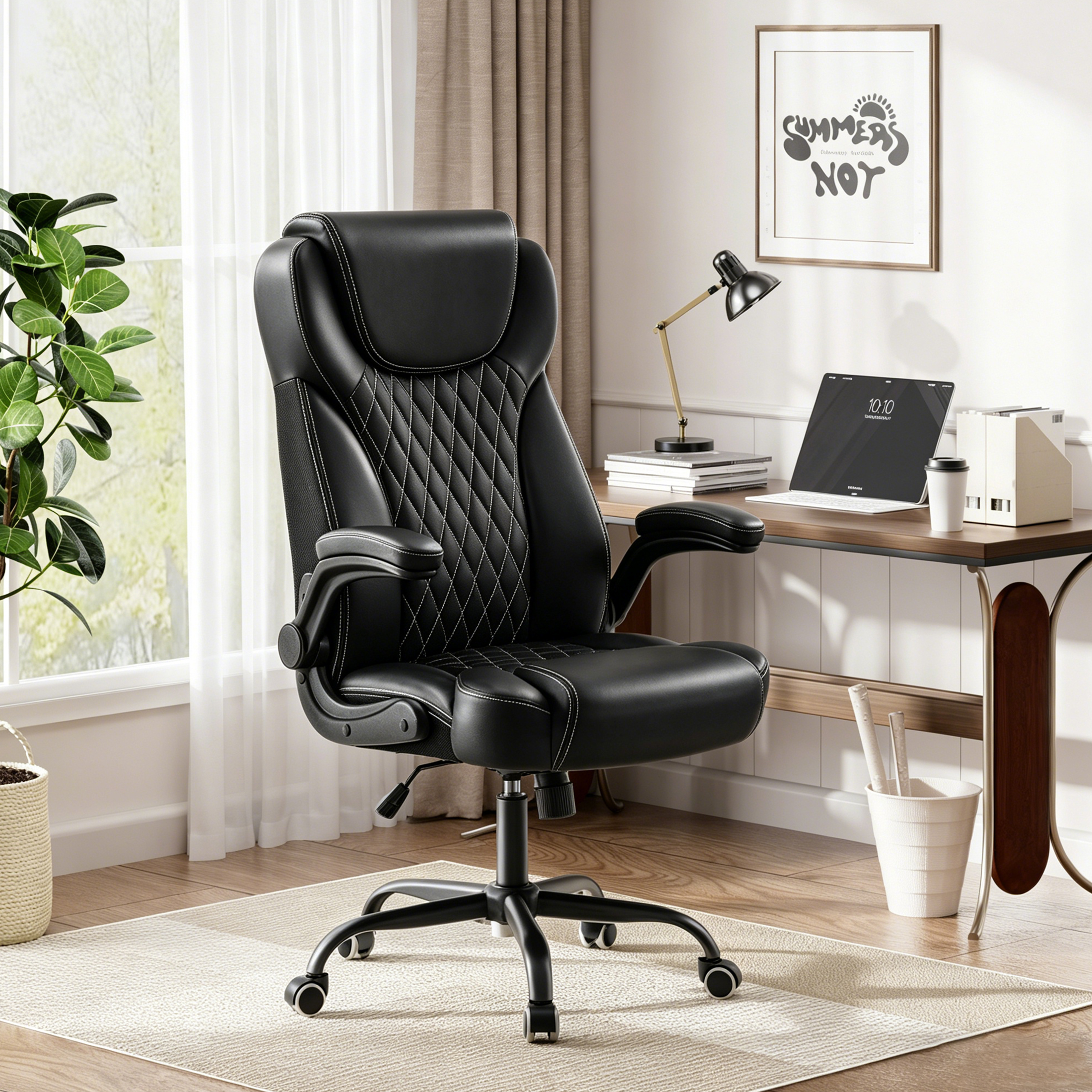 TMV Office Chair,Ergonomic Big and Tall Computer Desk Chairs,Executive PU Leather Chair with Adjustable Flip-up Armrests,Lumbar Support Swivel PC Chair with Rocking Function,Black