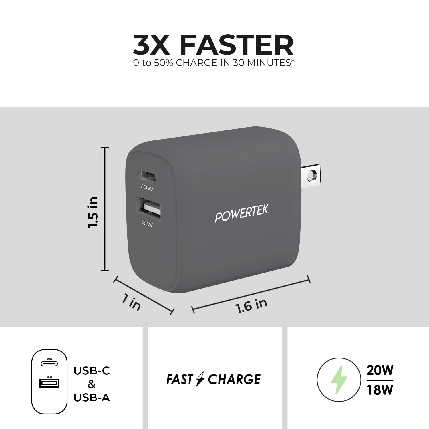 Liquipel Powertek Pastel Dual USB-A / USB-C Wall Charger - Gray