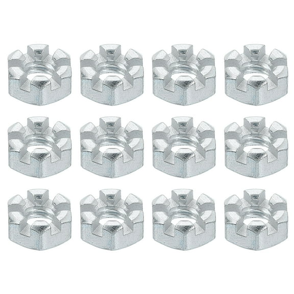 1/4-20 UNC Hexagon Slotted Nut, Grade 6.8 Carbon Steel Hex Nuts, Silver, 12Pack