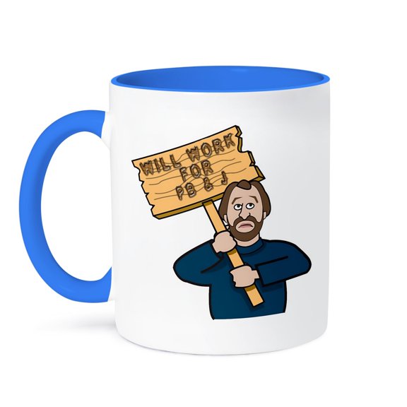 3dRose, Funny Humorous Man Guy With A Sign Will Work For Pb And J Peanut Butter And Jelly, 15oz Two-Tone Blue Mug