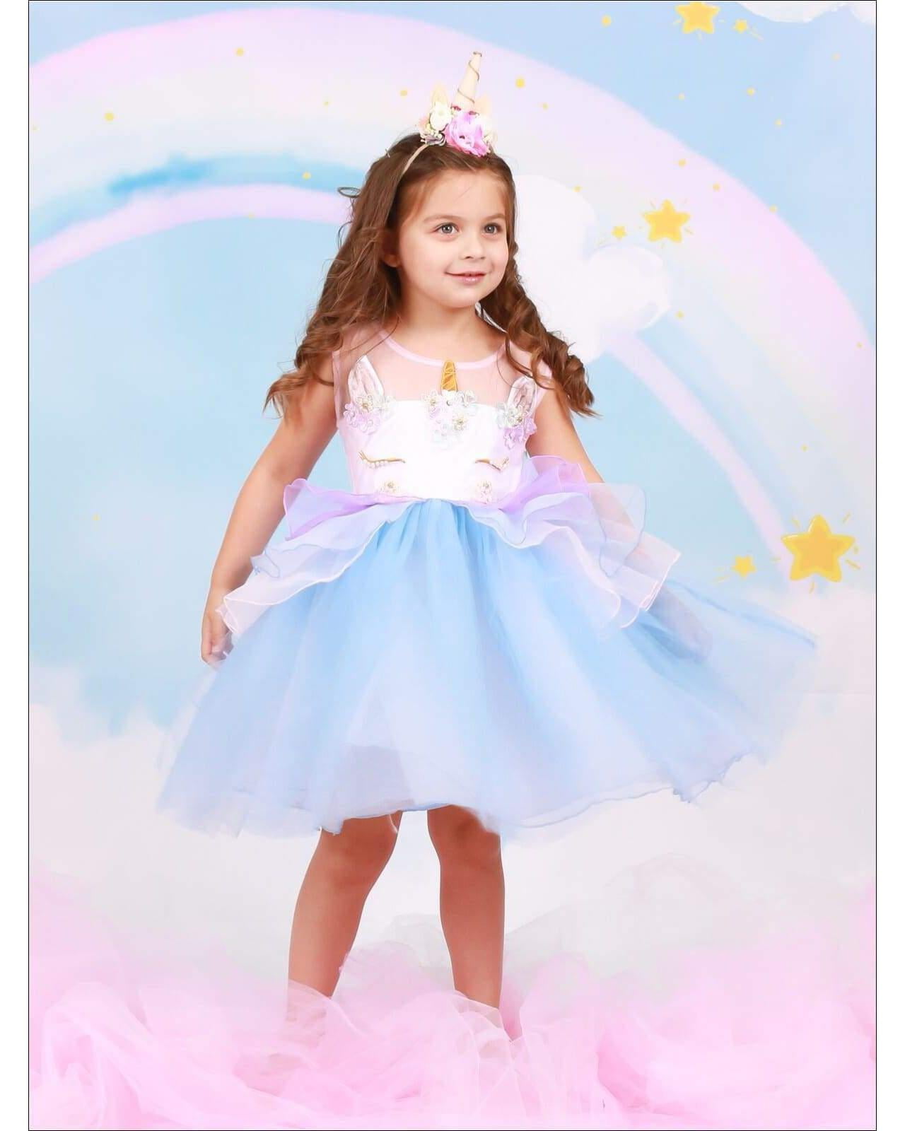 Kids Girls Unicorn Princess Fancy Dress Short Sleeve Party Holiday Tutu Sundress 