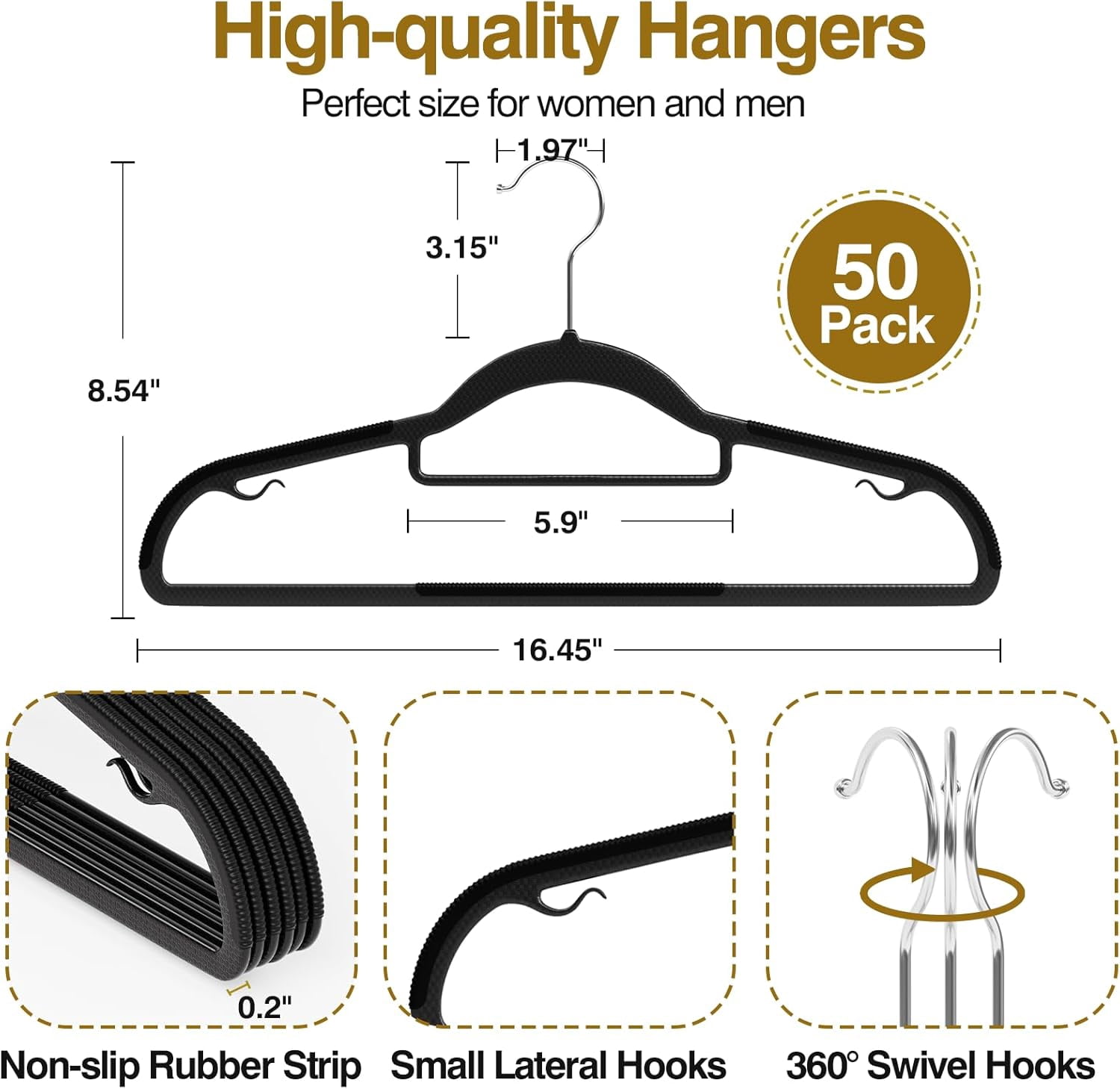 UEAKPIC Plastic Hangers 50 Pack, Heavy Duty Clothes Hangers with 360° Swivel Hook, Non-Slip, Space-Saving, Black
