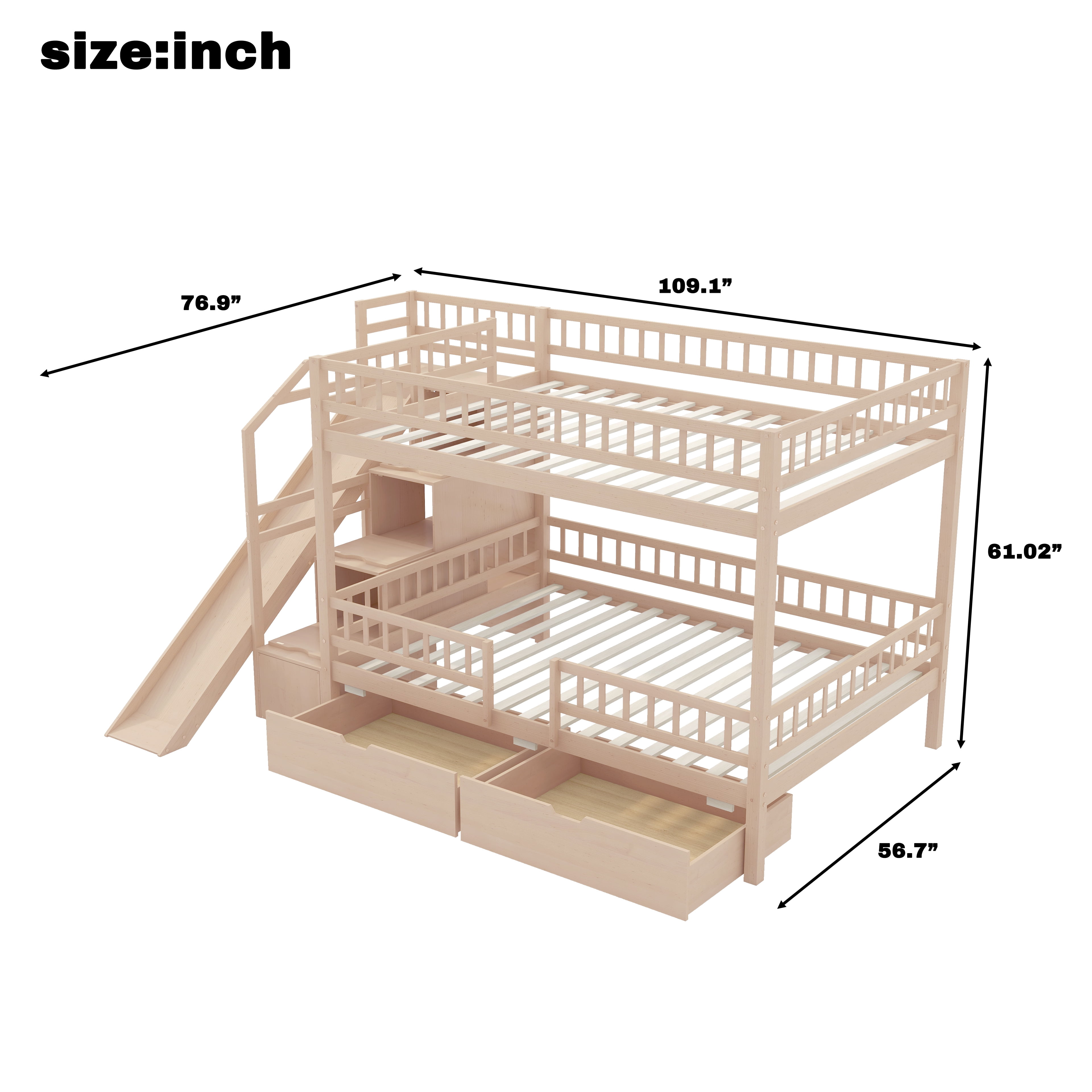 Euroco Wood Full over Full Bunk Bed with Drawers and Storage Staircase, Solid Bed with Slide, No Box Spring Needed, Walnut