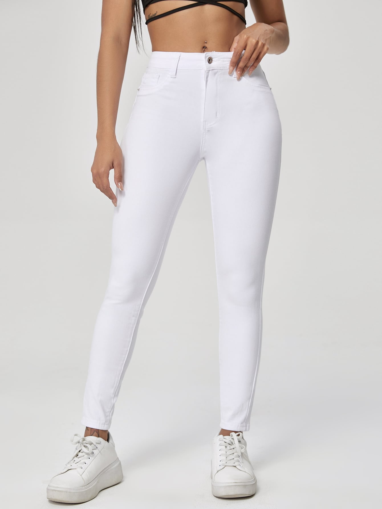 White Women's High Waist Slant Pocket 