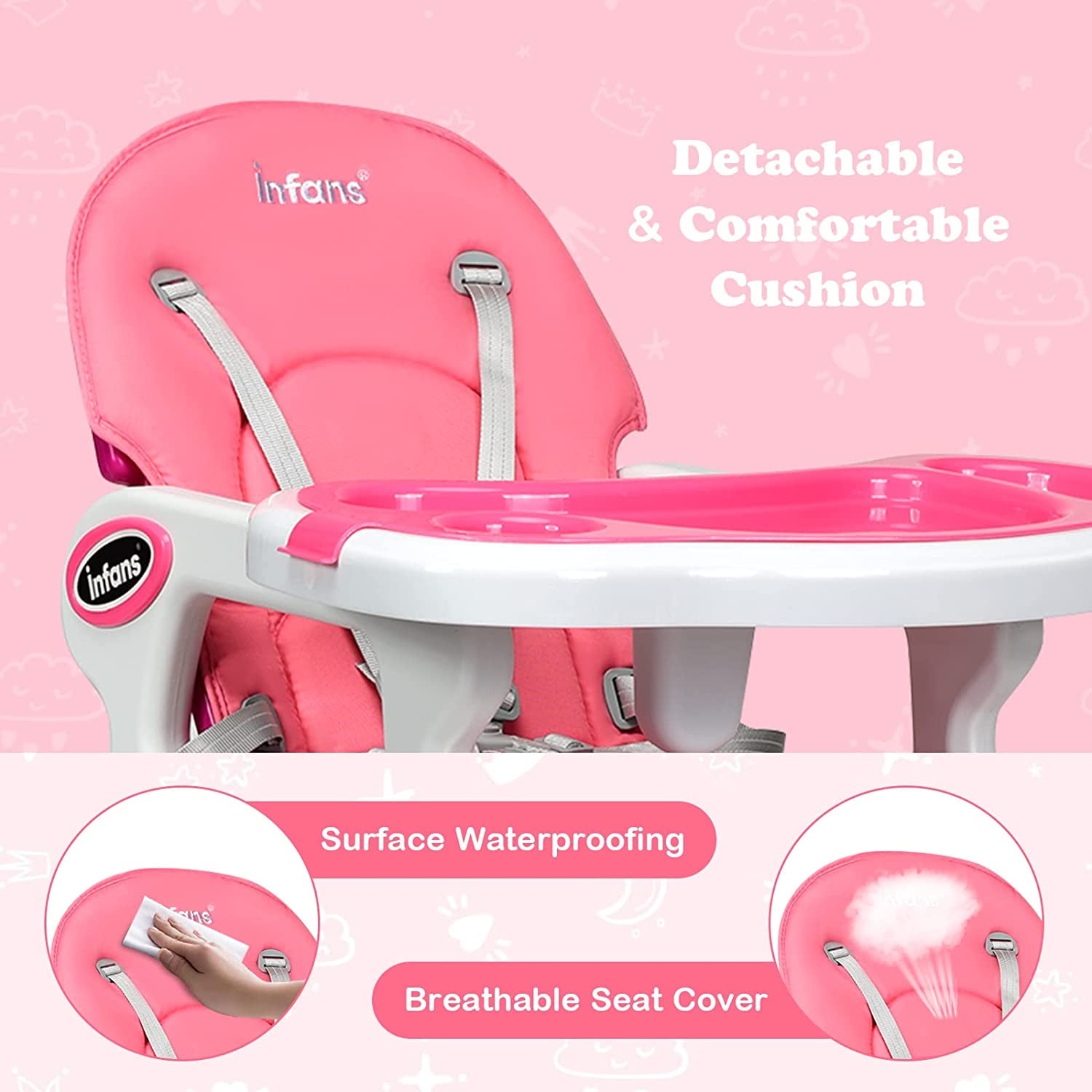 Infans 5-in-1 Convertible Baby High Chair with Adjustable Tray, Pink photo 7