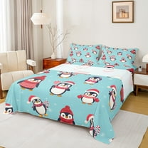Feelyou Cartoon Cute Penguin Queen Sheet Sets, Merry Christmas Flat Sheet, Kawaii Antarctic Animal Queen Fitted Sheet, Breathable Home Decor, 4pcs