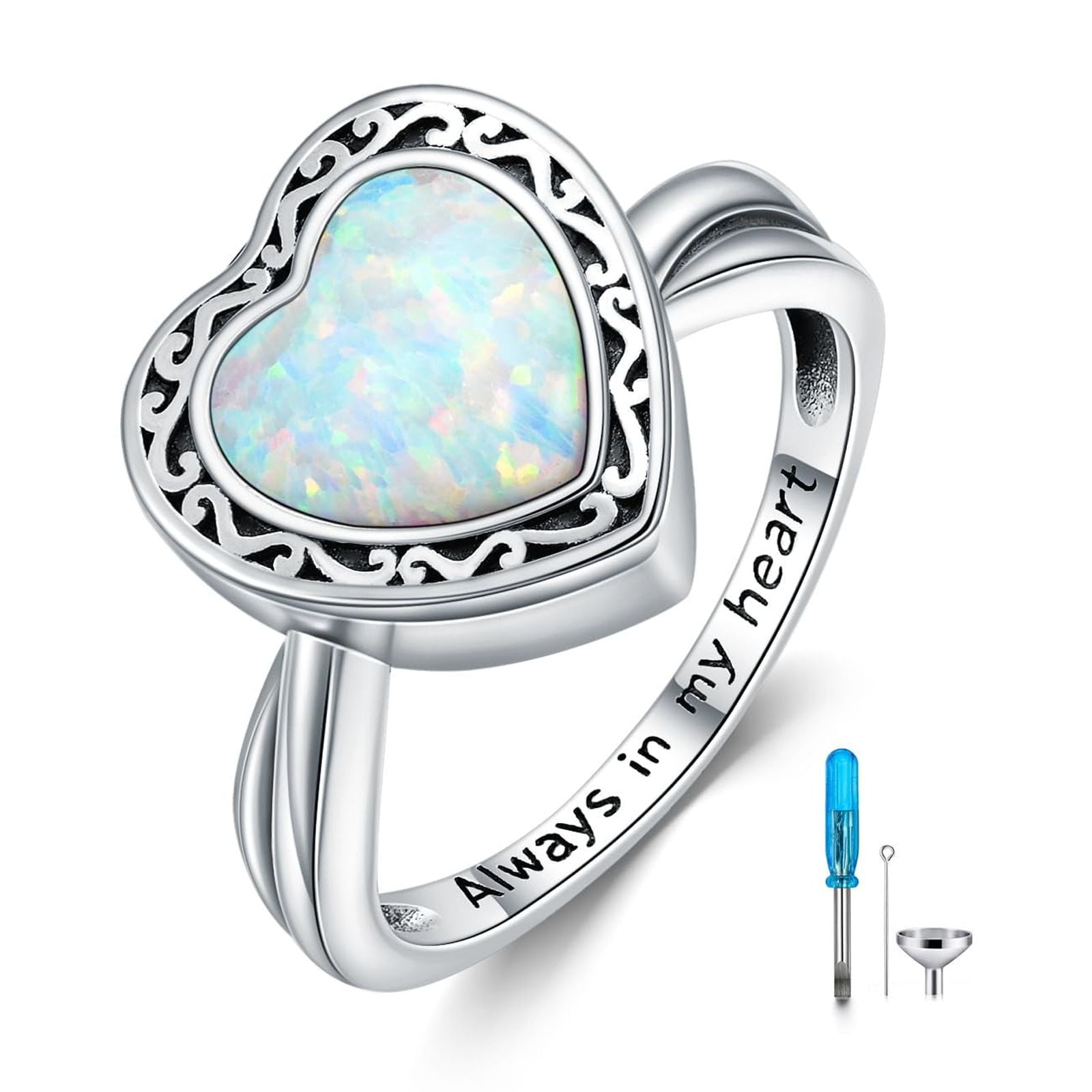 Heart Cremation Ring for Ashes 925 Sterling Silver Opal Urn Keepsake Rings Always in My Heart Memorial Jewelry for Women, Size 7