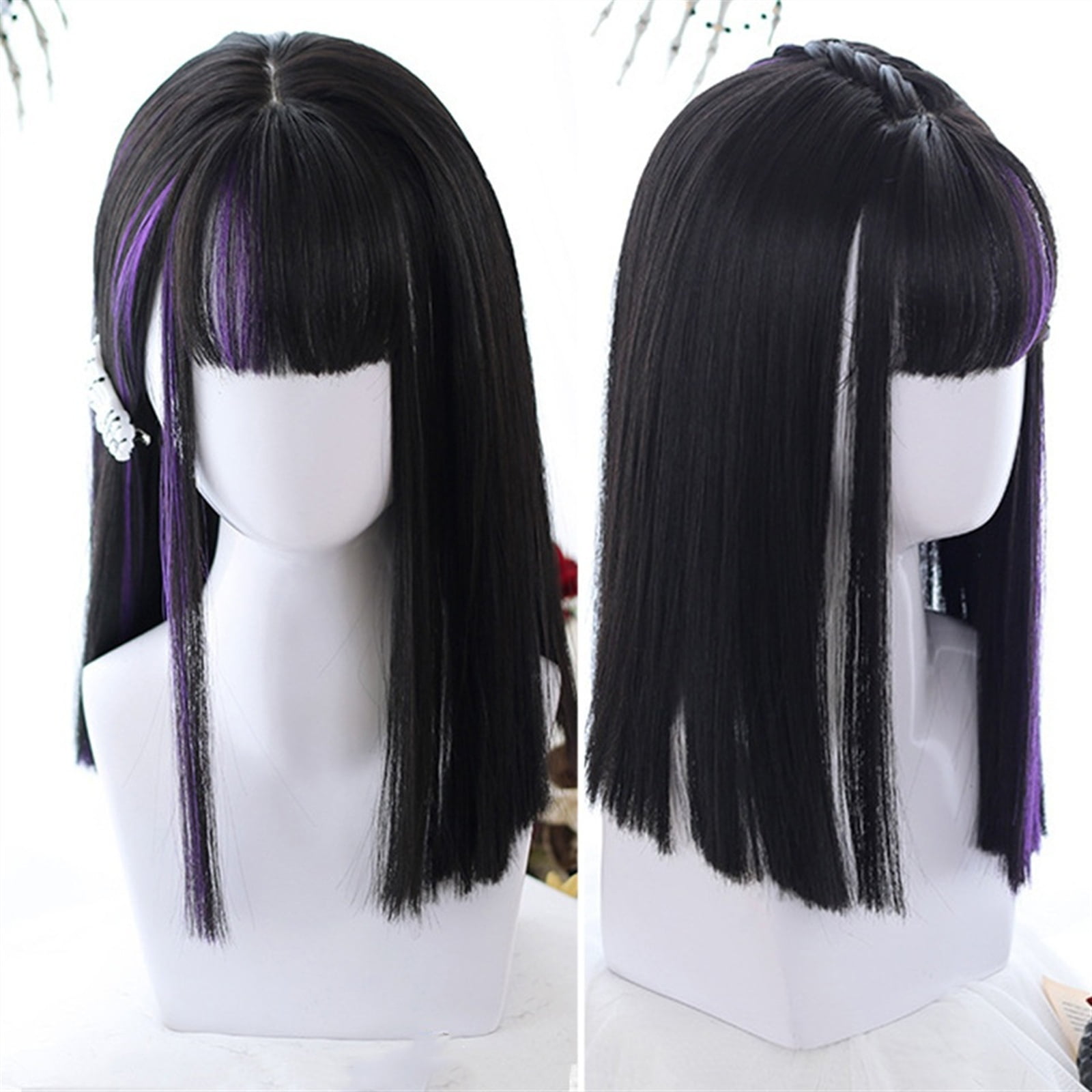 Medium Length Straight Hair Wig with Bangs, Synthetic Purple Highlights Black Bangs Wig Natural Looking Daily Cosplay Party Wig for Women Girls