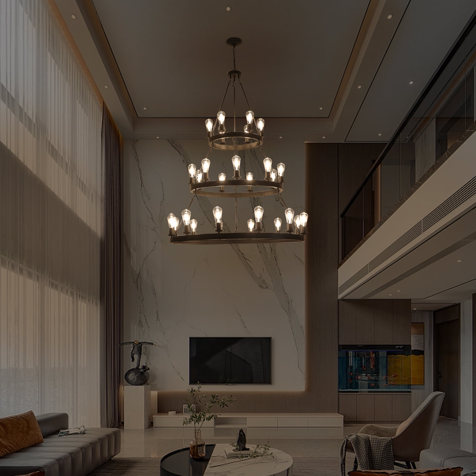 Wagon Wheel Chandelier 3 Tier 45-Inch 27 -Light, Farmhouse Industrial Chandelier Black Rustic Pendant Light Fixture Extra Large for High Ceilings, Living Room Foyer