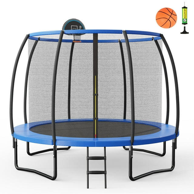 Gymax Trampoline Récréatif de 12 Pi avec Panier de Basketball, Filet de Sécurité et Échelle