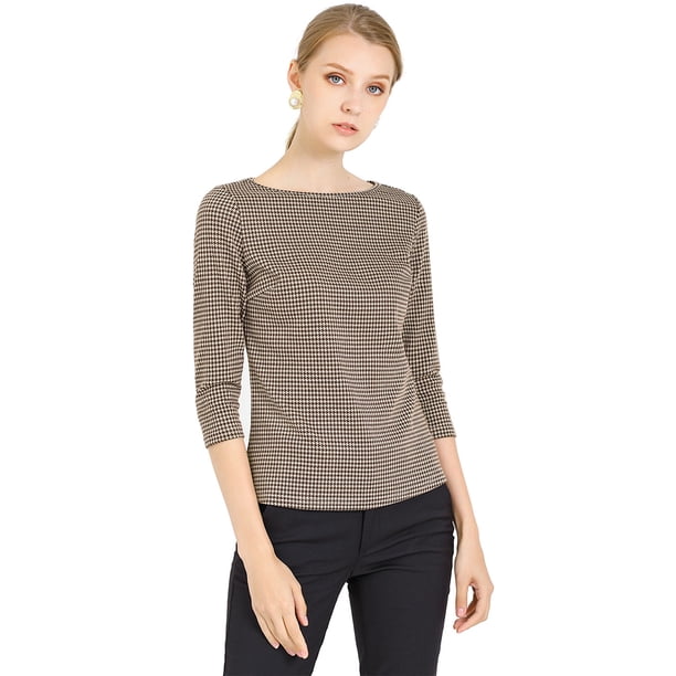 INSPIRE CHIC Blusa Estampado De Pata De Gallo Manga 3/4 Cuello Del Barco Oficina Trabajo Para Mujer Marrón XL