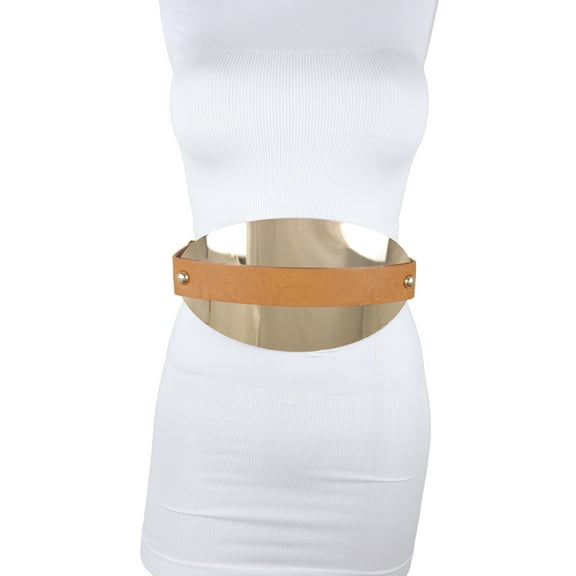 Women Brown Color Elastic Wide Belt Oval Gold Metal Plate S M