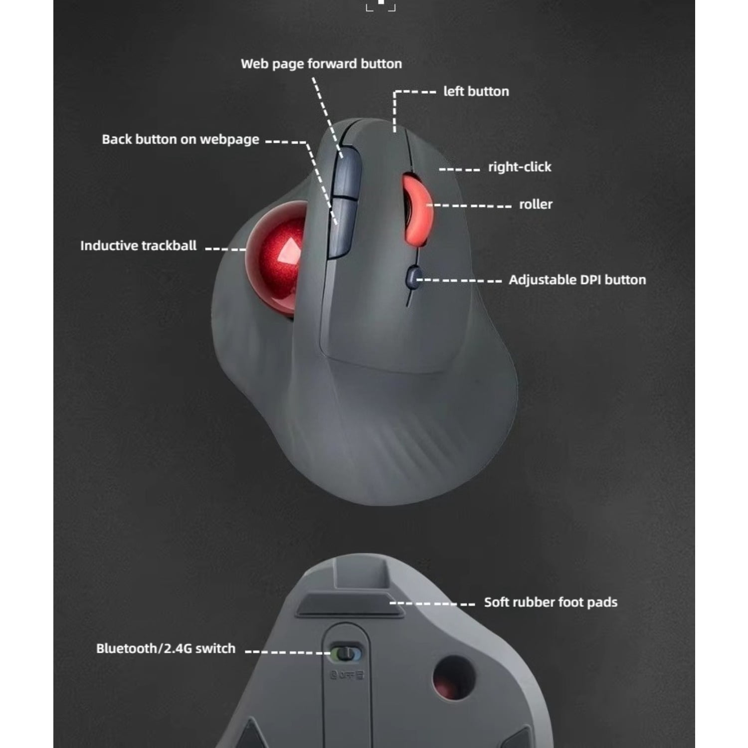 Dual-Mode Vertical Ergonomic Trackball Mouse, 2.4G/Bluetooth Thumb-Operated Wireless Mouse with Silent Buttons for Graphic Design CAD Computer