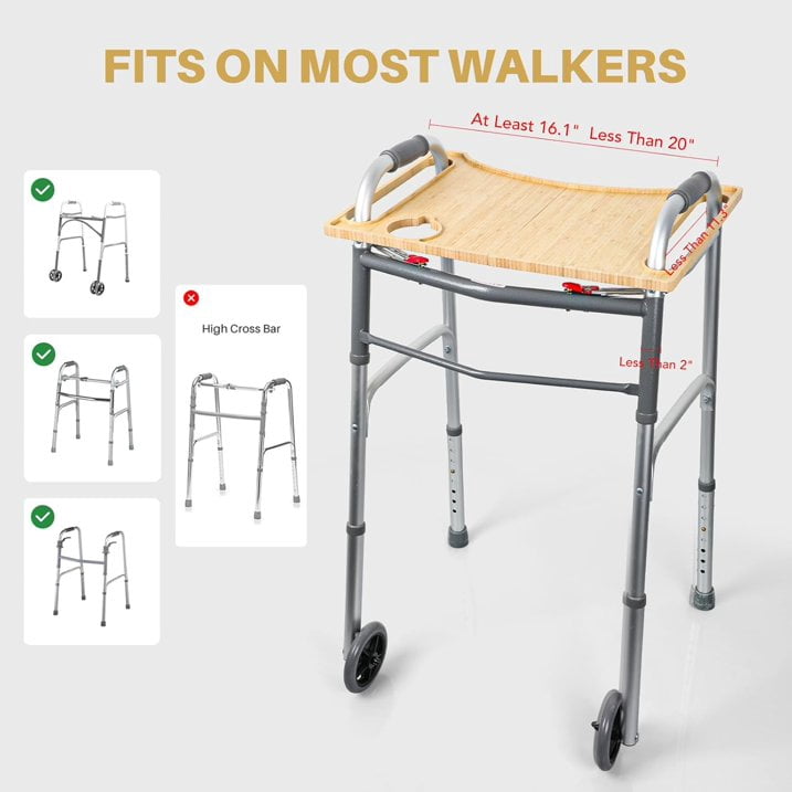 Walker Tray Table,Foldable Walker Accessories Bamboo Tray with Cup Holder,Portable Multipurpose Bamboo Tray for Eating, Crafts, Laptops Medical Equipment Accessories