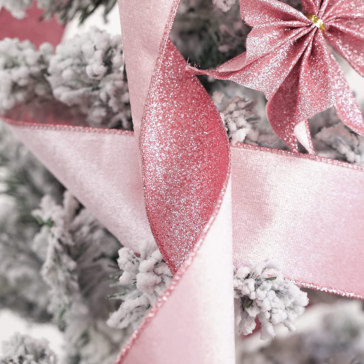 Pink Velvet Wired Ribbon Light Pink with Glitter Christmas Ribbon for Christmas Tree Decorations Wreaths Gift Wrapping Bows Garlands Home Decor Crafts- 10 Yards