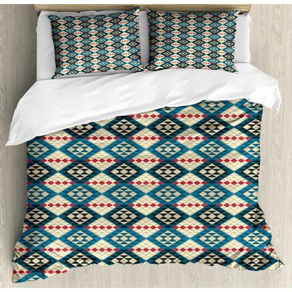 Ethnic Duvet Cover Set, Braided Carpet Inspired View Mosaic Art Design Print, Decorative 3 Piece Bedding Set with 2 Pillow Shams, Calking Size, Cream Coral Blue, by Ambesonne