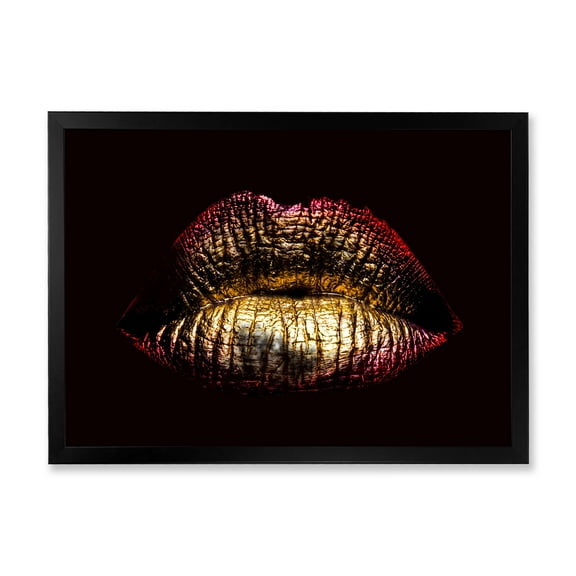 Designart 'Sexy Golden Metallized Woman Lips IV' Modern Framed Art Print