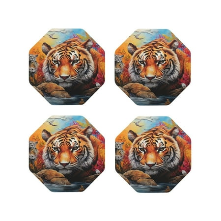 

Fuzoiu Colorful Plant Tiger Print Leather Coasters Set Drink Coasters Set of 4 for Tabletop Protection Durable PVC Coasters Home Décor and Housewarming Gift-Octagon