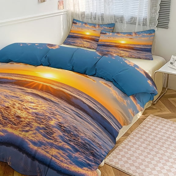 Sunset Over The Ocean Waves on The Beach Duvet Cover King&Queen Size Soft 3 Pieces Set 1 Duvet Cover and 2 Pillow Shams with Zipper Closure 86"x70"