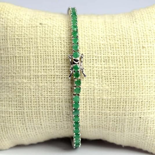 Women's Sterling Silver with Lab Created Emerald Stones, Classic Design Tennis Bracelet