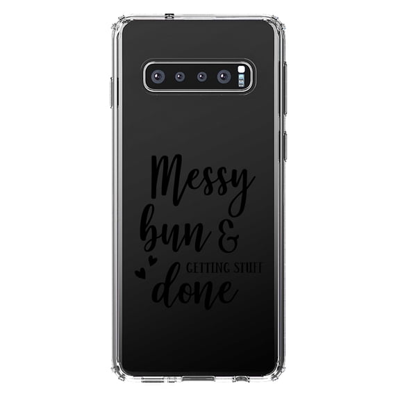 DistinctInk Clear Shockproof Hybrid Case for Samsung Galaxy S10 (6.1" Screen) - TPU Bumper Acrylic Back Tempered Glass Screen Protector - Messy Bun & Getting Stuff Done