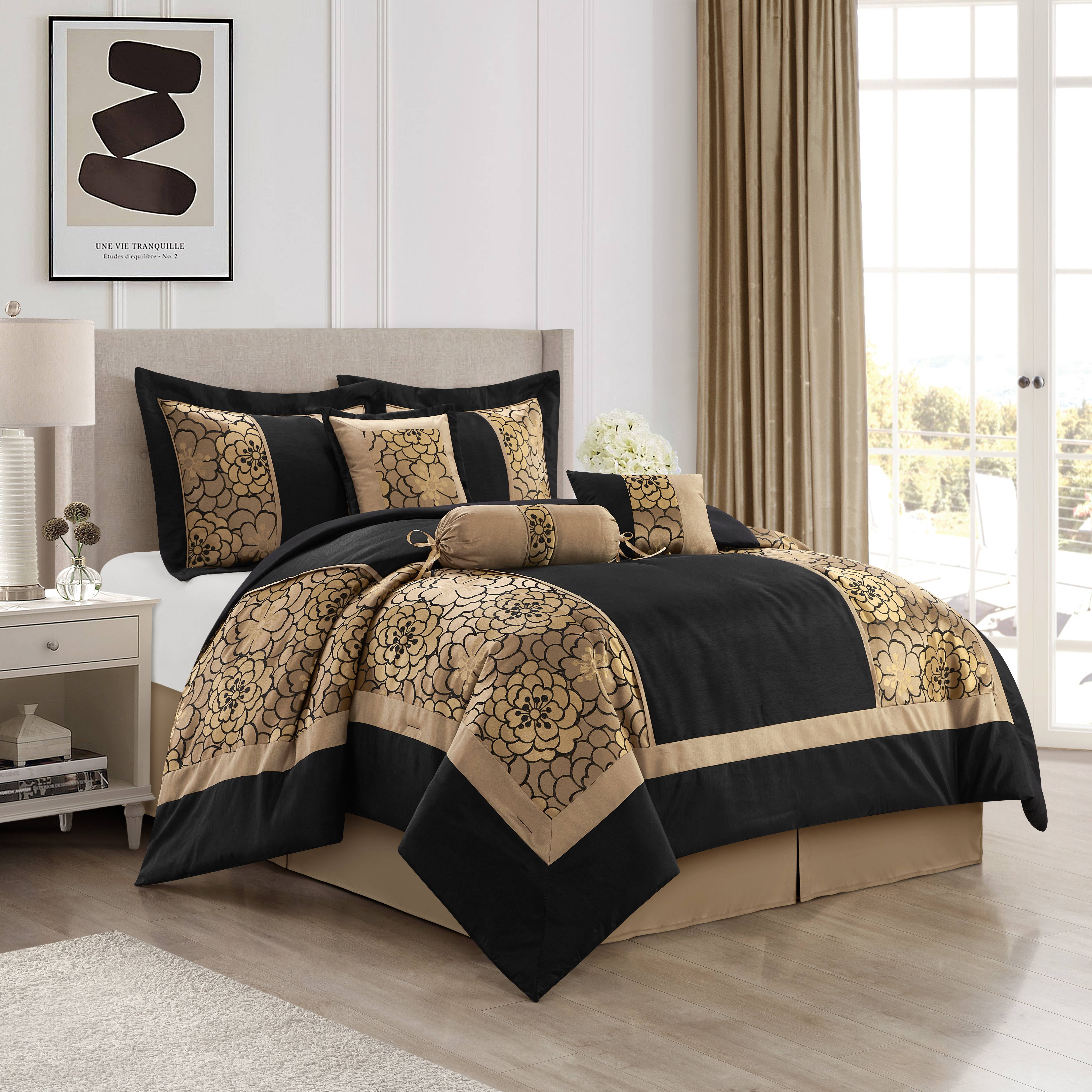 Nanshing Sibyl 7 Piece Traditional Floral Comforter Set, Black