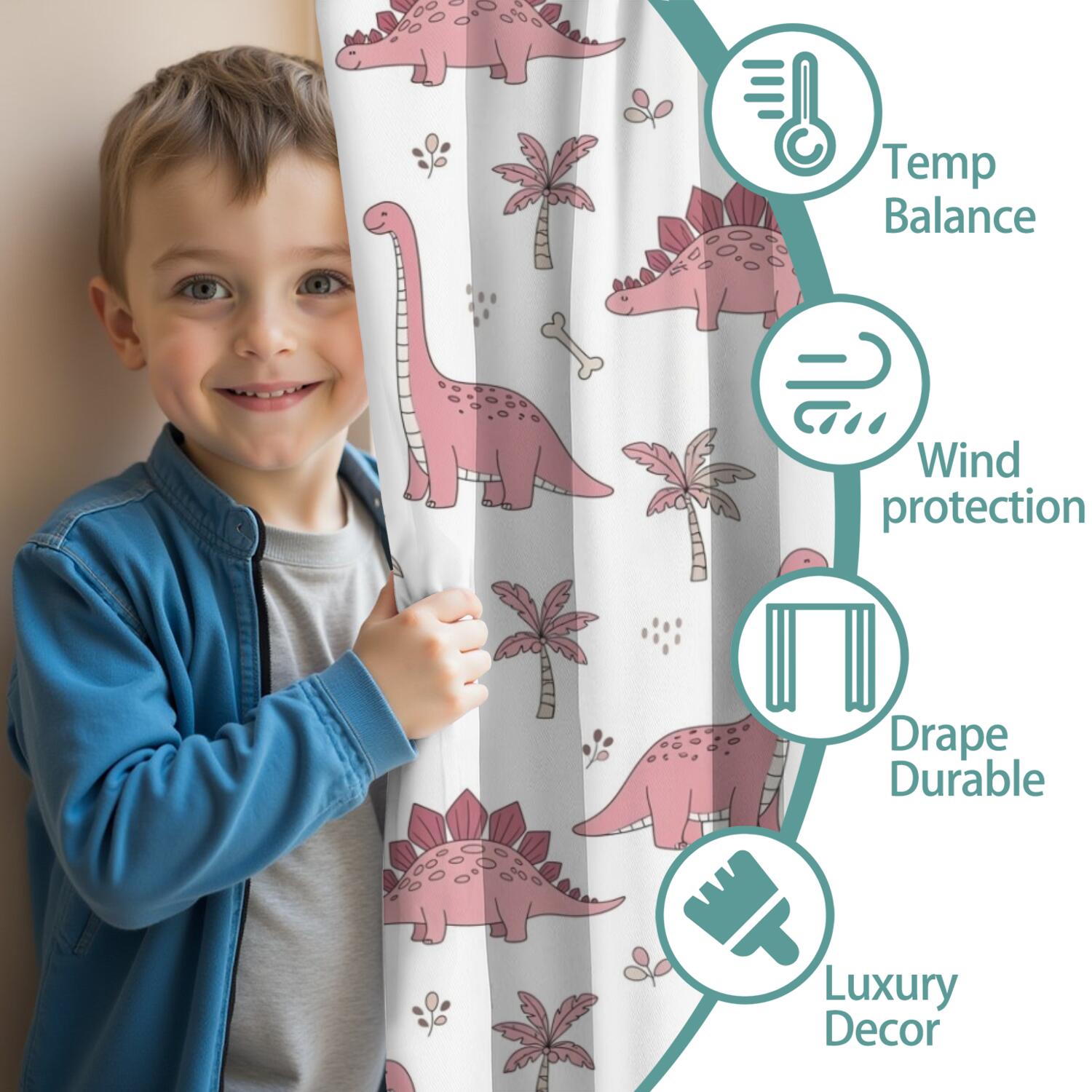 Blackout Kids Curtains,Pink Dinosaur and Bird Pattern Childrens Insulated Curtains Set Of 2,Bedroom Essentials,Toddler Room Decor 42"x84"