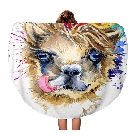 SIDONKU 60 inch Round Beach Towel Blanket Peruvian Watercolor Llama Tee Alpaca America Beautiful Cute Travel Circle Circular Towels Mat Tapestry Beach Throw