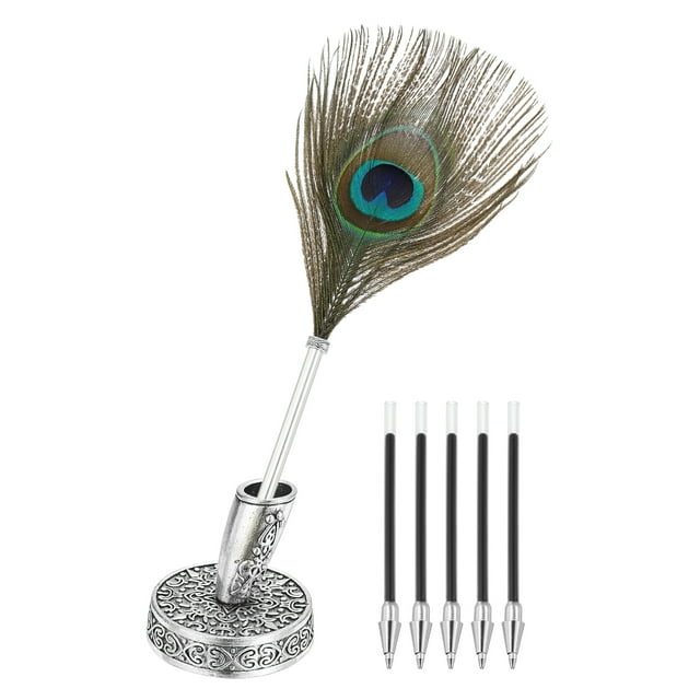 Bolígrafos de pluma de pavo real Uxcell, soporte de metal, bolígrafo de tinta negra con 5 recargas para oficina, boda, plateado