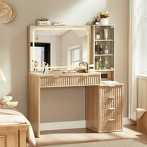 LELELINKY Classic 1 Piece Adult Modern LED Lights Vanity Desk and Assembly Manual Table Set Off-White Rattan Surface