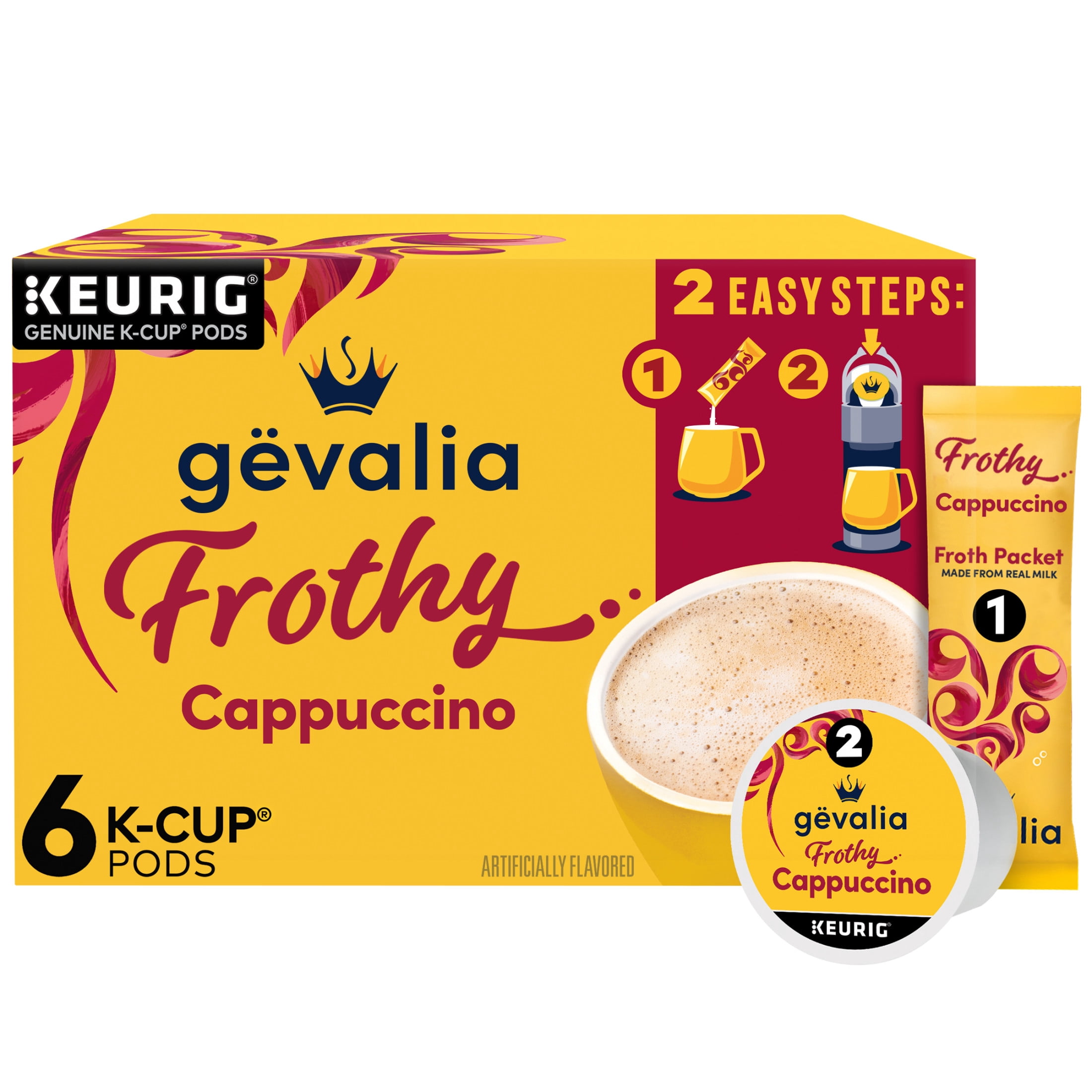 (6 pack) Gevalia Frothy 2-Step Artificially Flavored Cappuccino Espresso Style K‐Cup® Coffee Pods & Froth Packets Kit, 6 Count Box