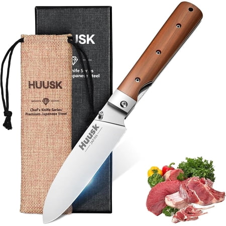Huusk Folding Chef Pocket Knife - Japanese Santoku Knives, edc Kitchen Knives with 440C Stainless Steel Ultra Sharp Blade, Gift for Men and Women