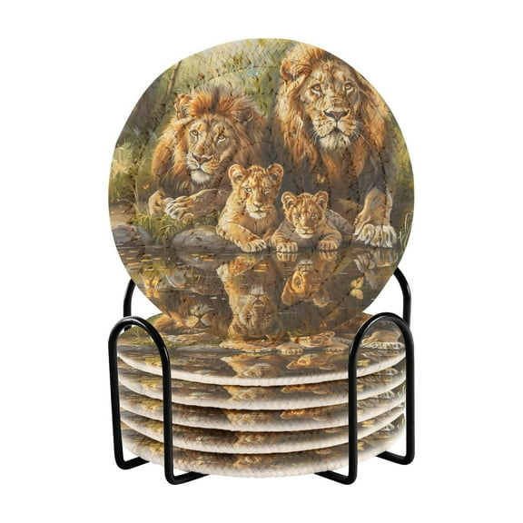 Lion Family Sitting by Water Coasters with Holder for Coffee Table 6 Pcs Drink Coaster Sets Absorbent for Home Decor 4 inch