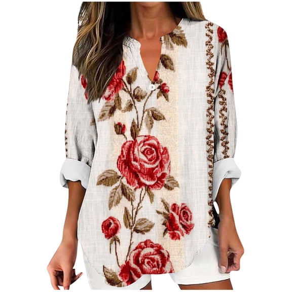 Tnhcen Women's Casual Floral Print Long Sleeve Henley Top | Autumn Wardrobe Essential with Curved Hem | Plus Size Friendly Stretch Cotton Blouse