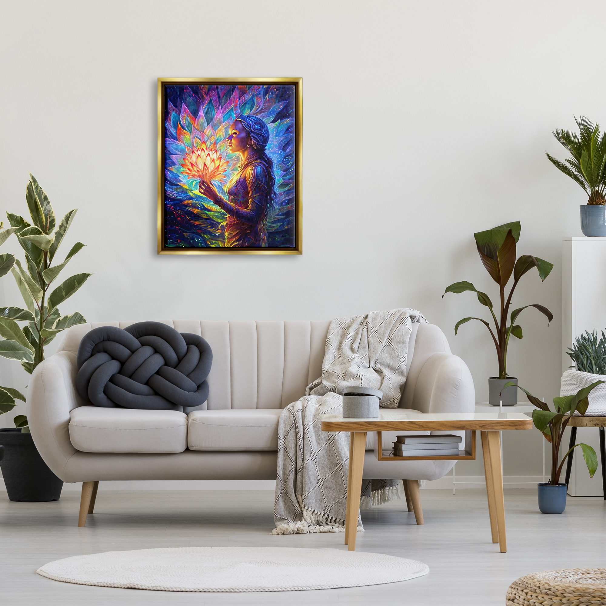 Stupell Industries Woman & Lotus Fractals Botanical & Floral Painting Gold Floater Framed Canvas Art Print Wall Art, 25 x 31
