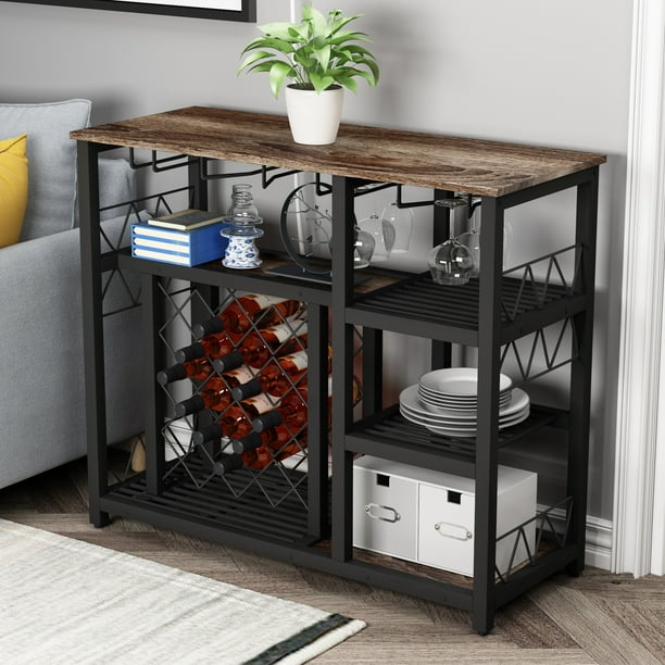 Industrial Wine Rack Table With Glass Holder And Storage Console Bar Cabinet For Home Kitchen Dining Room Brown Com Industrial Wine Rack Table With Glass, Wine Bar Console Table