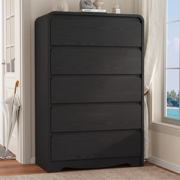 5 Drawer Tall Dresser – Modern Black Chest of Drawers with Anti-Tip, Space-Saving Storage for Bedroom, Hallway, Entryway (Black)