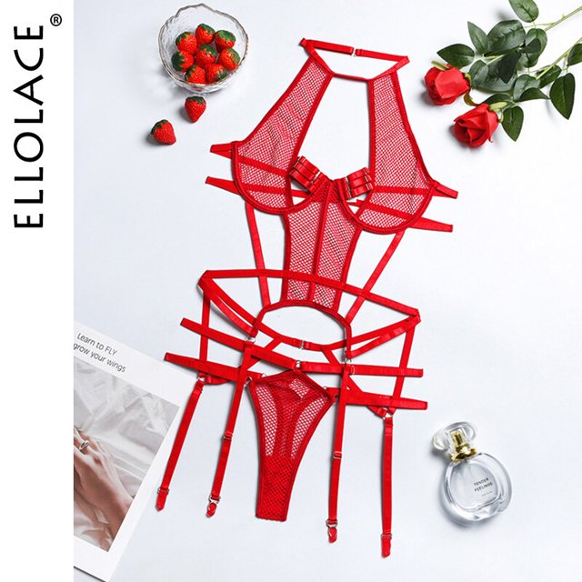 Ellolace Sexy Disfraces exóticos Lencería sensual Vendaje transparente Ropa erótica Porno Goth Mesh Sex Outfit Sissy Top and Briefs Tan Jianjun unisex