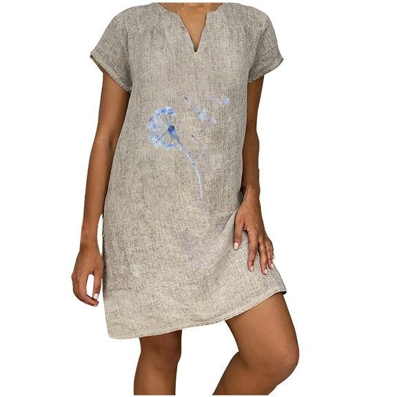 Dyegold Sundresses for Women Casual Beach - Cotton Linen Dresses for Women V Neck Short Sleeve Dandelion Print Midi Sundresses Casual Graduation T Shirt Dresses