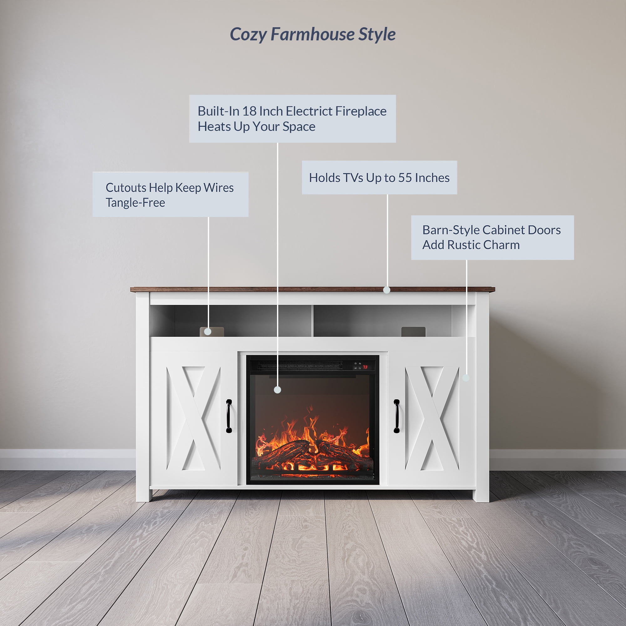 BELLEZE Modern 48 Inch Barn Door Wood TV Stand with 18 Inch Electric Fireplace & Media Entertainment Center Console Table for TV up to 50 Inch with Two Open Shelves and Cabinets - Corin (White)