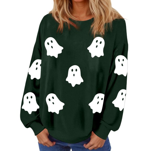 SRZYMJ Halloween Sweatshirts Women Colorful Sequin Ghost Graphic Pullover Shirt Halloween Witch Crewneck Sweater
