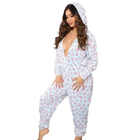 

Michellecmm Female Nightwear Floral Print Long Sleeve Hooded Jumpsuit Romper with Zipper for Fall Winter S/M/L/XL